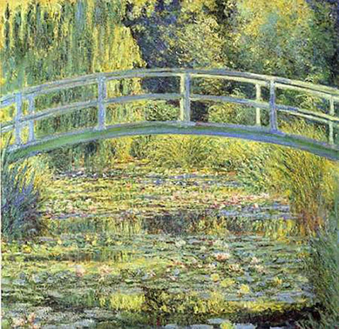 Japanese Bridge White Modern Wood Framed Art Print with Double Matting by Monet, Claude