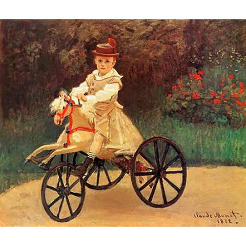 Jean An His Wooden Horse 1872 White Modern Wood Framed Art Print by Monet, Claude