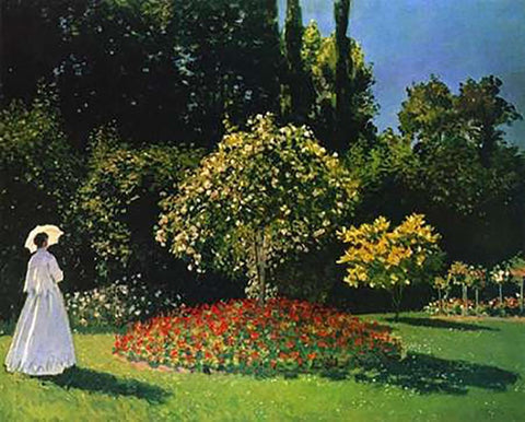 Lady In The Garden 1867 White Modern Wood Framed Art Print with Double Matting by Monet, Claude