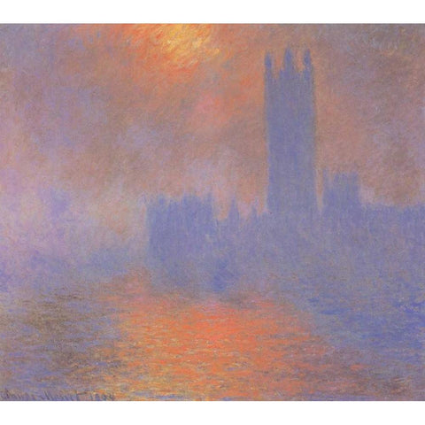 London Parliament With The Sun Breaking Through Fog Gold Ornate Wood Framed Art Print with Double Matting by Monet, Claude