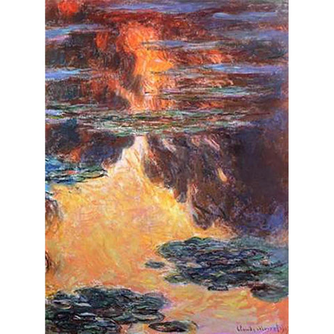 Nympheas Sunset Effect 1907 White Modern Wood Framed Art Print by Monet, Claude