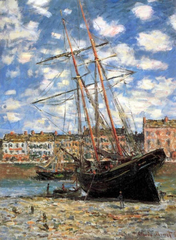 Ship Aground 1881 White Modern Wood Framed Art Print with Double Matting by Monet, Claude