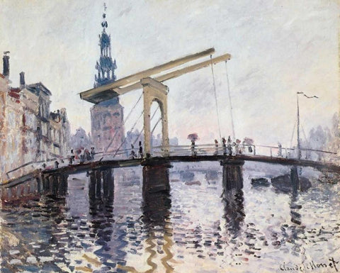 The Drawbridge Amsterdam 1874 White Modern Wood Framed Art Print with Double Matting by Monet, Claude