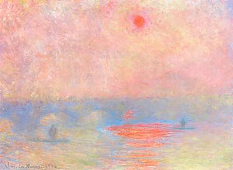 Waterloo Bridge Sun Through The Mist 1903 White Modern Wood Framed Art Print with Double Matting by Monet, Claude