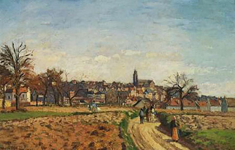 View Of Pontoise 1873 Black Ornate Wood Framed Art Print with Double Matting by Pissarro, Camille