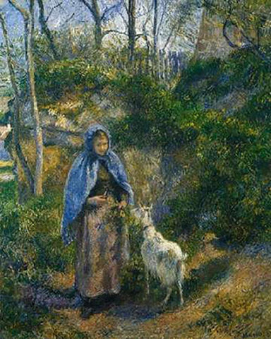 Woman With A Goat 1881 Black Ornate Wood Framed Art Print with Double Matting by Pissarro, Camille