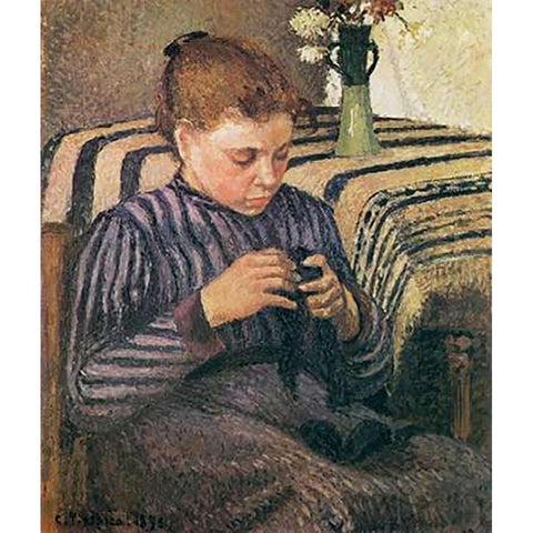 Young Woman Mending 1895 White Modern Wood Framed Art Print by Pissarro, Camille