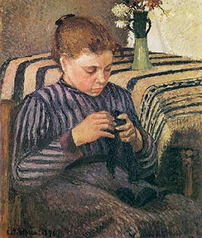 Young Woman Mending 1895 White Modern Wood Framed Art Print with Double Matting by Pissarro, Camille