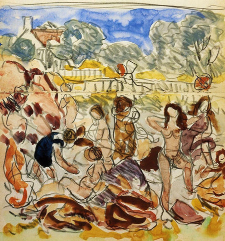 Figures On The Shore White Modern Wood Framed Art Print with Double Matting by Prendergast, Maurice Brazil