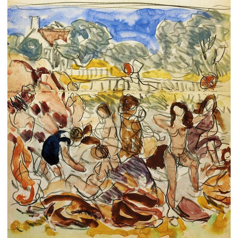Figures On The Shore Black Modern Wood Framed Art Print with Double Matting by Prendergast, Maurice Brazil