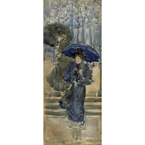 Ladies In The Rain Gold Ornate Wood Framed Art Print with Double Matting by Prendergast, Maurice Brazil
