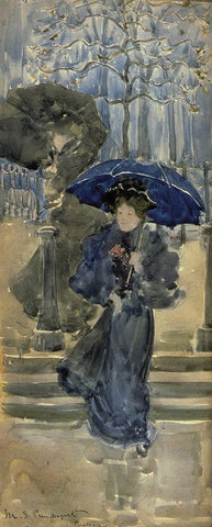 Ladies In The Rain Black Ornate Wood Framed Art Print with Double Matting by Prendergast, Maurice Brazil