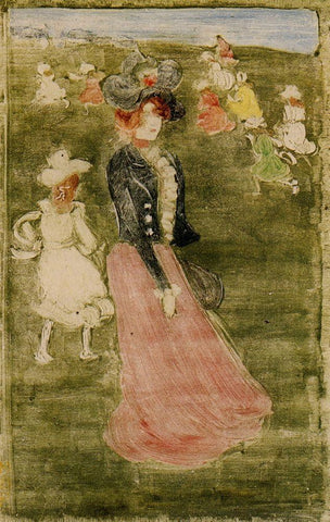 Lady In Pink Skirt White Modern Wood Framed Art Print with Double Matting by Prendergast, Maurice Brazil