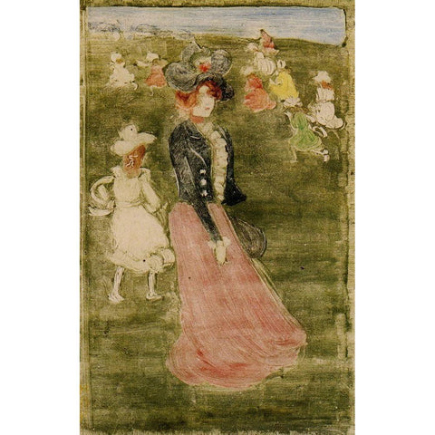 Lady In Pink Skirt Black Modern Wood Framed Art Print by Prendergast, Maurice Brazil