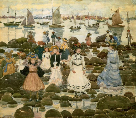 Low Tide Beachmont White Modern Wood Framed Art Print with Double Matting by Prendergast, Maurice Brazil