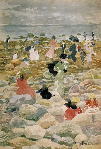 Low Tide Nantasket White Modern Wood Framed Art Print with Double Matting by Prendergast, Maurice Brazil