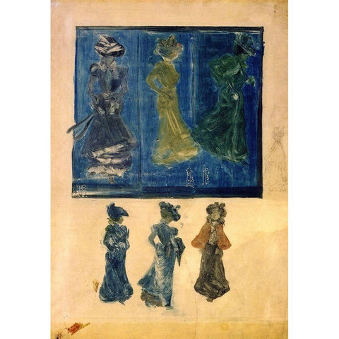 Six Sketches Of Ladies Gold Ornate Wood Framed Art Print with Double Matting by Prendergast, Maurice Brazil