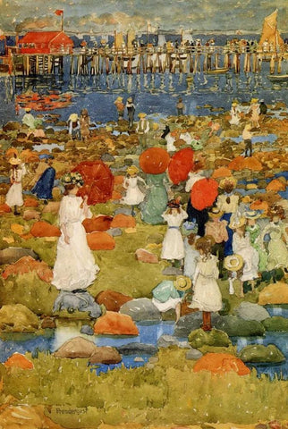 The Stony Beach White Modern Wood Framed Art Print with Double Matting by Prendergast, Maurice Brazil