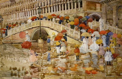 Umbrellas In The Rain Venice Black Ornate Wood Framed Art Print with Double Matting by Prendergast, Maurice Brazil