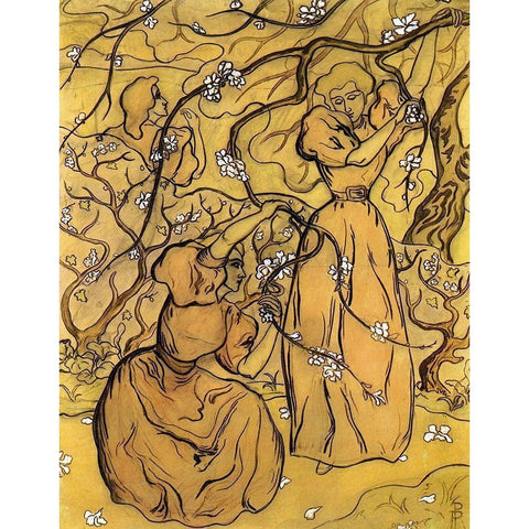 Femmes Sous Les Arbres En Fleurs Gold Ornate Wood Framed Art Print with Double Matting by Ranson, Paul