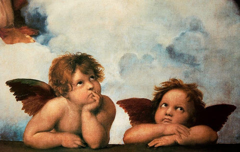 Cherubs Virgin Mary (detail) White Modern Wood Framed Art Print with Double Matting by Raphael