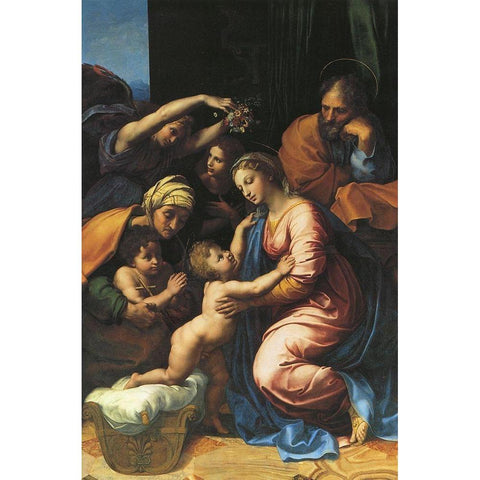 Holy Family With Sts Elizabeth And John And Two Angels Gold Ornate Wood Framed Art Print with Double Matting by Raphael