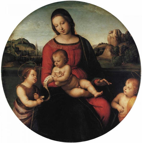 Madonna And Child With Two Saints White Modern Wood Framed Art Print with Double Matting by Raphael