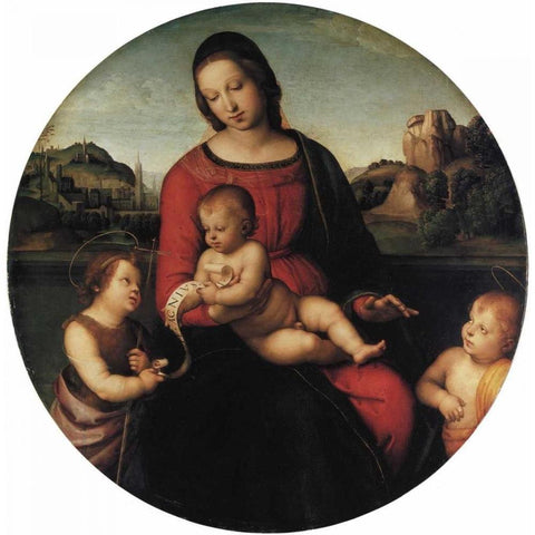 Madonna And Child With Two Saints White Modern Wood Framed Art Print by Raphael