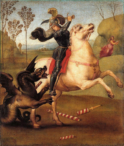 St George And The Dragon Black Ornate Wood Framed Art Print with Double Matting by Raphael