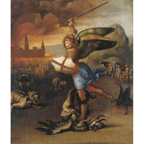 St Michael And The Devil White Modern Wood Framed Art Print by Raphael