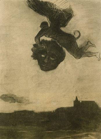 Devil Carrying Off A Head Black Ornate Wood Framed Art Print with Double Matting by Redon, Odilon