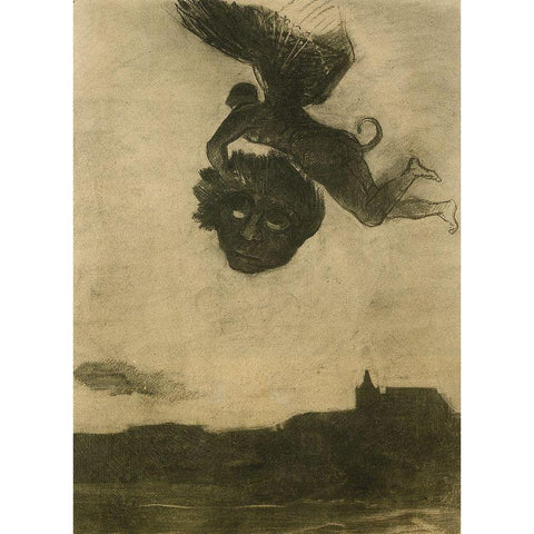 Devil Carrying Off A Head Gold Ornate Wood Framed Art Print with Double Matting by Redon, Odilon