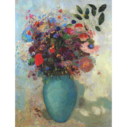 Flowers In A Turquoise Vase Black Modern Wood Framed Art Print with Double Matting by Redon, Odilion