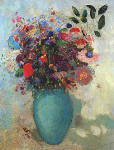 Flowers In A Turquoise Vase Black Ornate Wood Framed Art Print with Double Matting by Redon, Odilion