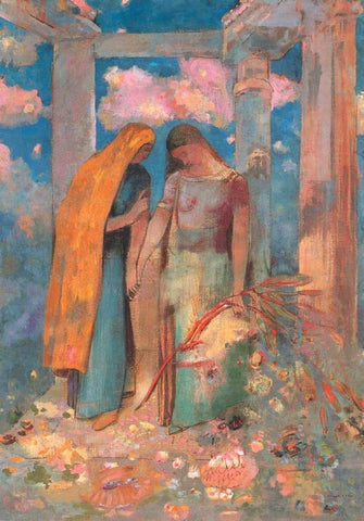 Mystical Conversation White Modern Wood Framed Art Print with Double Matting by Redon, Odilion