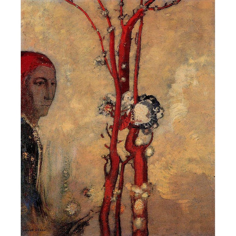 The Red Tree Gold Ornate Wood Framed Art Print with Double Matting by Redon, Odilon