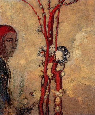The Red Tree Black Ornate Wood Framed Art Print with Double Matting by Redon, Odilon