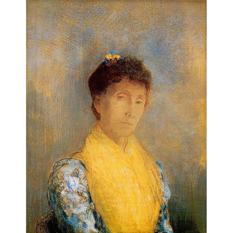 Woman With A Yellow Bodice White Modern Wood Framed Art Print by Redon, Odilon