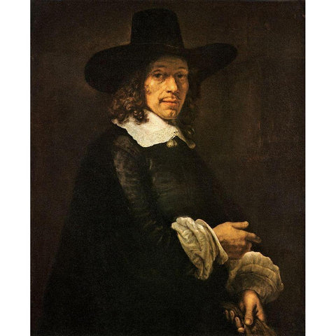 A Man Holding Gloves White Modern Wood Framed Art Print by Van Rijn, Rembrandt