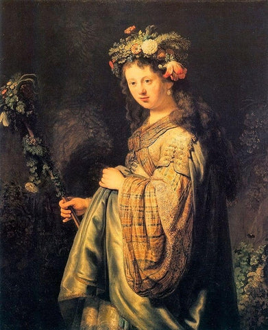 Saskia As Flora Version 2 Black Ornate Wood Framed Art Print with Double Matting by Van Rijn, Rembrandt