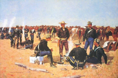 A Cavalrymans Breakfast On The Plains White Modern Wood Framed Art Print with Double Matting by Remington, Frederic