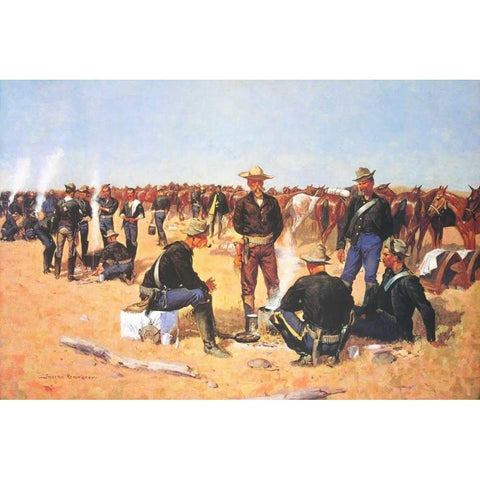 A Cavalrymans Breakfast On The Plains Black Modern Wood Framed Art Print by Remington, Frederic