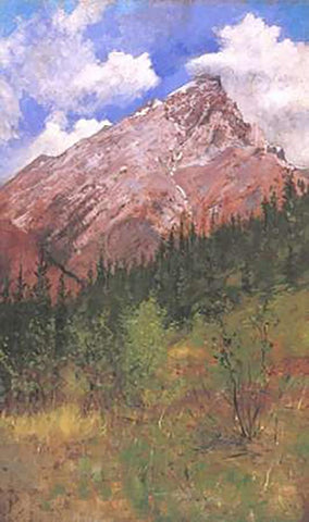 Banff Cascade Mountain White Modern Wood Framed Art Print with Double Matting by Remington, Frederic