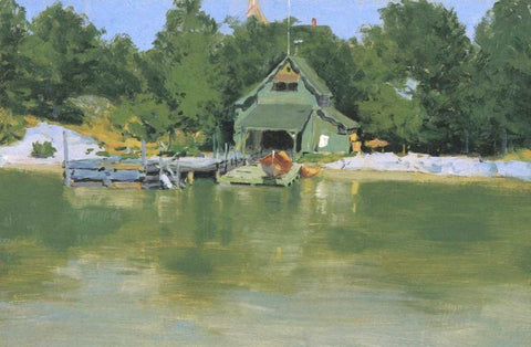 Boat House At Ingleneuk White Modern Wood Framed Art Print with Double Matting by Remington, Frederic