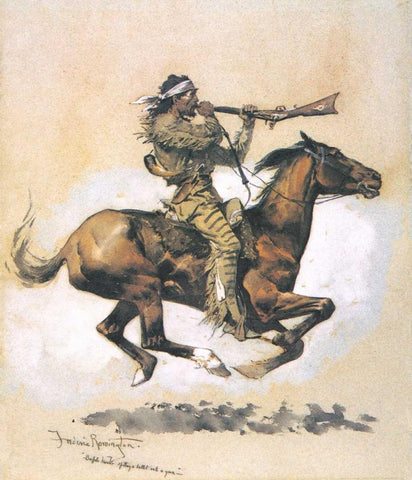 Buffalo Hunter Spitting A Bullet Into A Gun White Modern Wood Framed Art Print with Double Matting by Remington, Frederic