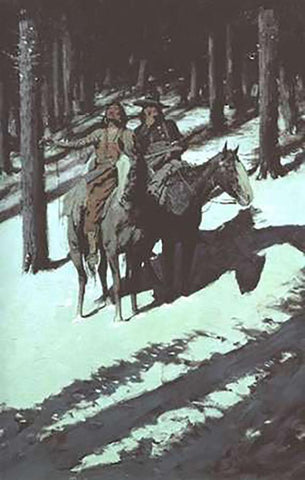 Indian Scouts In The Moonlight White Modern Wood Framed Art Print with Double Matting by Remington, Frederic