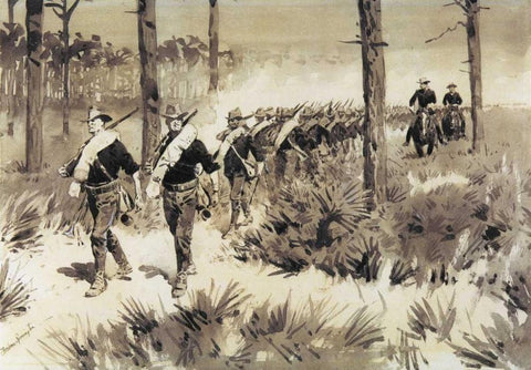 US Troops Practicing Marching In The Palmetto White Modern Wood Framed Art Print with Double Matting by Remington, Frederic