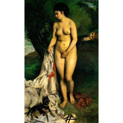 Bather With Griffon Black Modern Wood Framed Art Print with Double Matting by Renoir, Pierre-Auguste