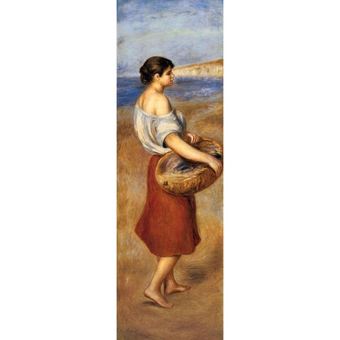 Girl With A Basket Of Fish Black Modern Wood Framed Art Print by Renoir, Pierre-Auguste