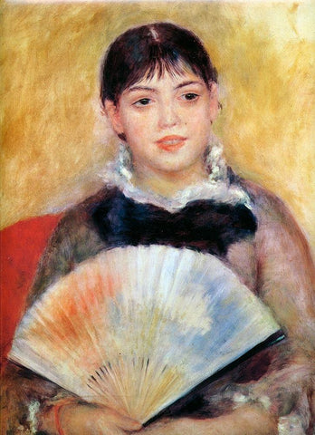 Girl With Fan Black Ornate Wood Framed Art Print with Double Matting by Renoir, Pierre-Auguste